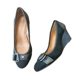 Calvin Klein SONDRA Black Suede & Leather Wedge Pumps Size 7.5 Buckle Detail